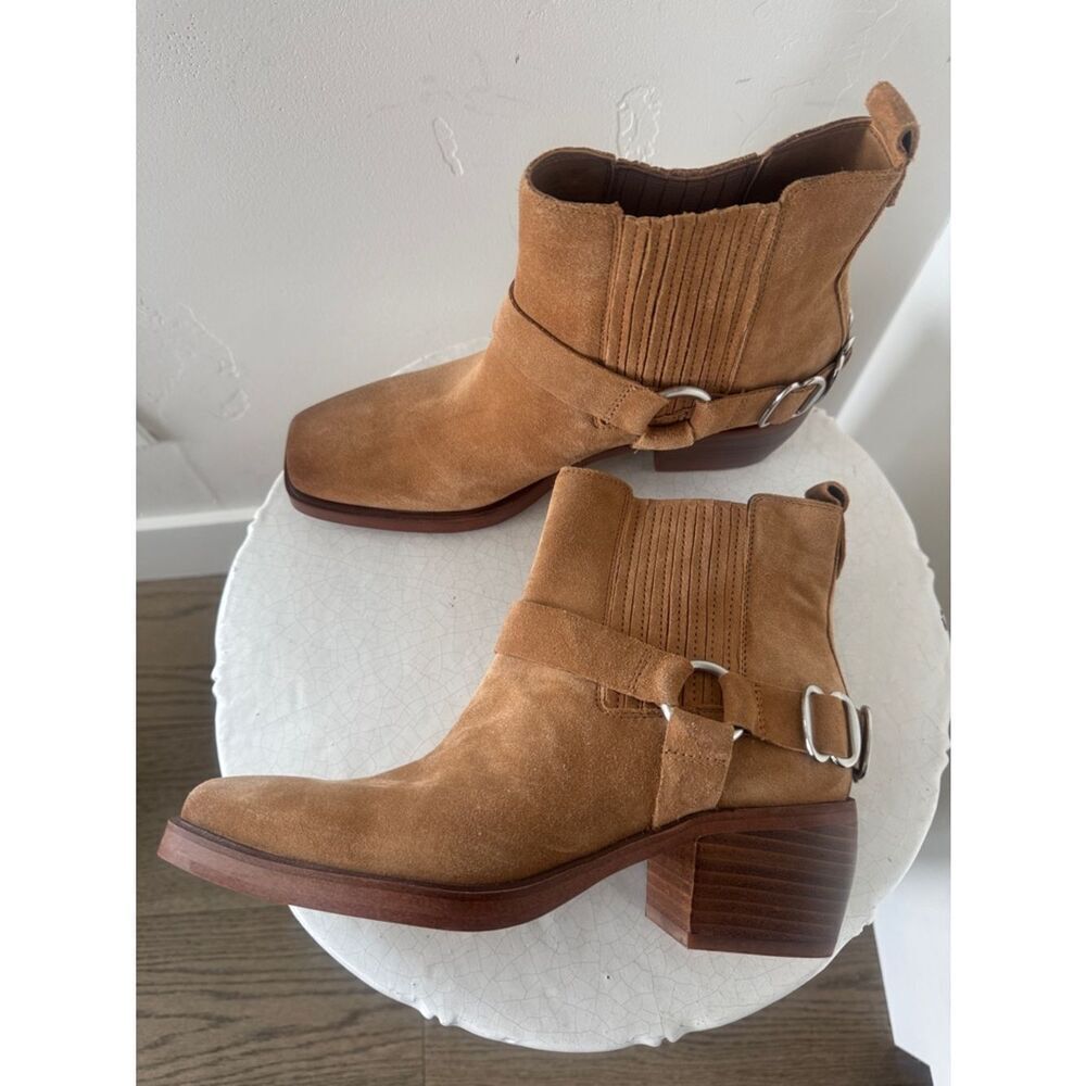 Sam Edelman BELLAMIE Tan Suede Harness Ankle Boots Western Square Toe Size 7.5 M